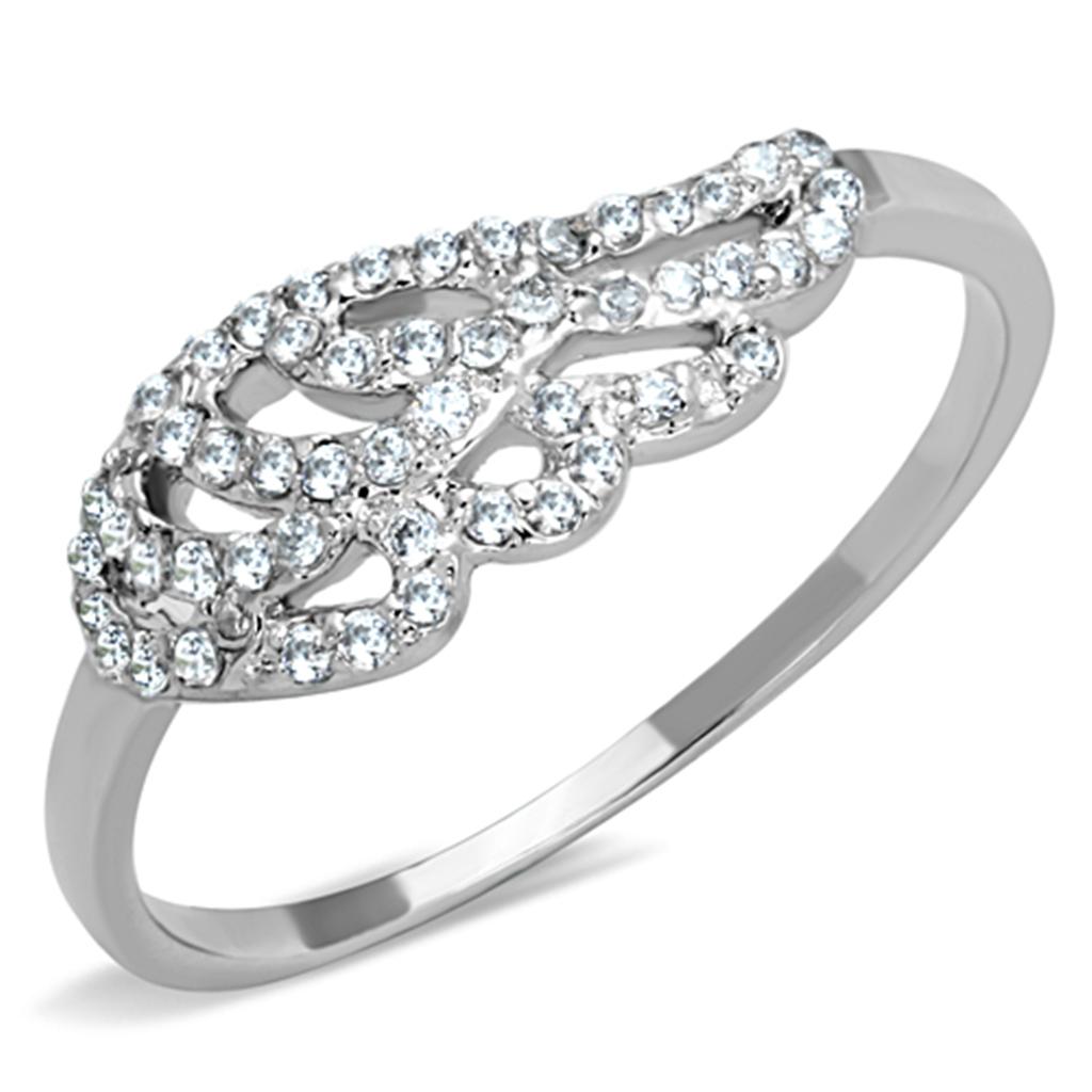 3W824 Rhodium Brass Ring featuring a clear AAA Grade CZ stone, showcasing its elegant design and shiny finish.