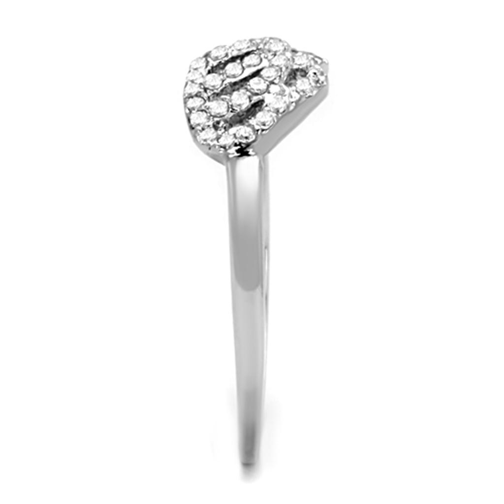 3W824 Rhodium Brass Ring featuring a clear AAA Grade CZ stone, showcasing its elegant design and shiny finish.