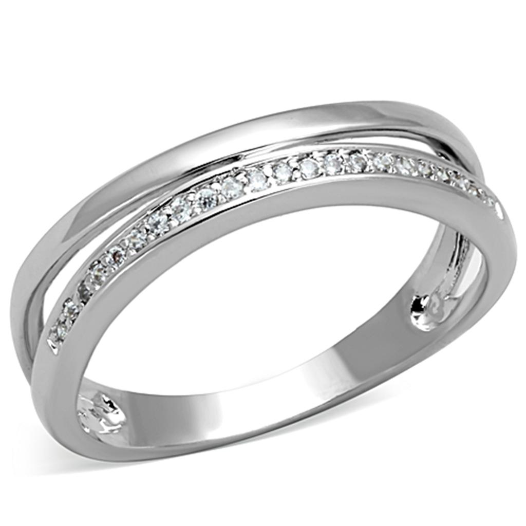 3W829 Rhodium Brass Ring featuring a clear AAA Grade CZ stone, showcasing its elegant design and shiny finish.