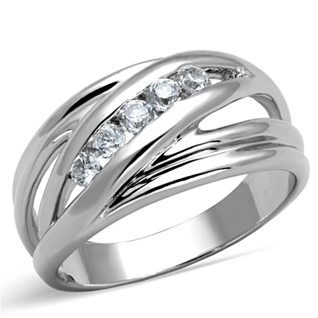 3W830 Rhodium Brass Ring featuring a clear AAA Grade CZ stone, showcasing its elegant design and shiny finish.