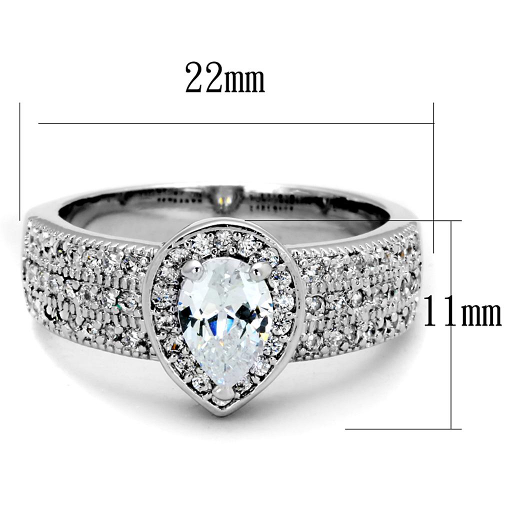 3W831 Rhodium Brass Ring featuring a clear AAA Grade CZ stone, showcasing its elegant design and luxurious finish.