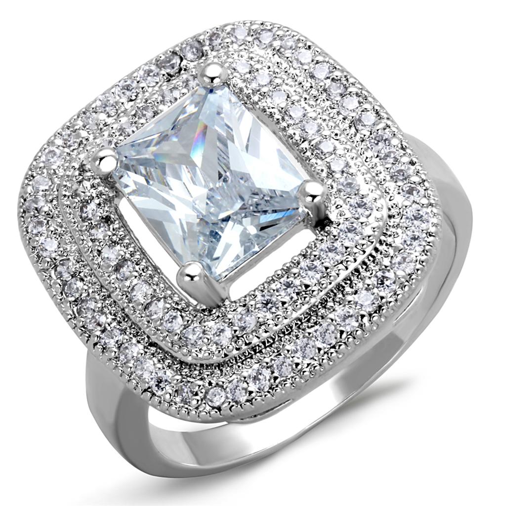 3W839 Rhodium Brass Ring featuring a clear AAA Grade CZ stone, showcasing its elegant design and luxurious finish.