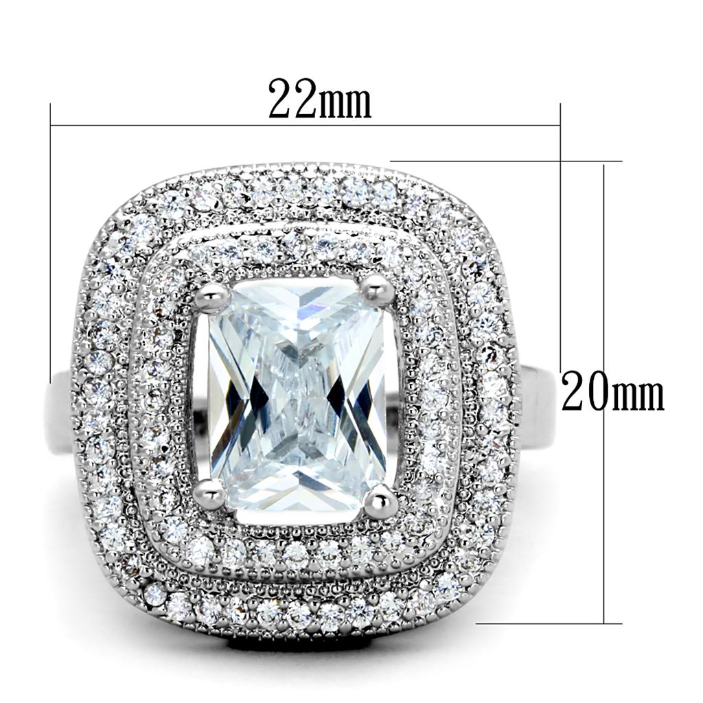 3W839 Rhodium Brass Ring featuring a clear AAA Grade CZ stone, showcasing its elegant design and luxurious finish.
