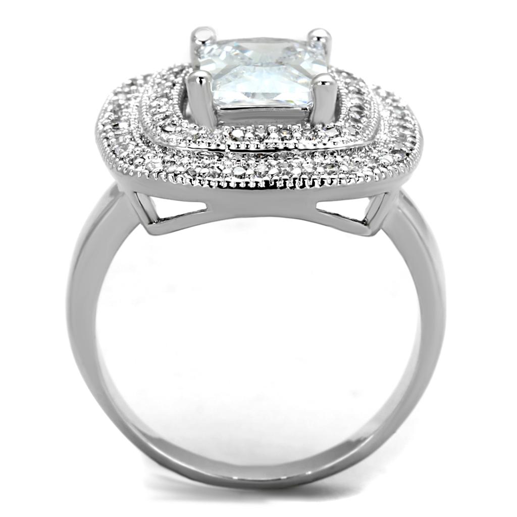 3W839 Rhodium Brass Ring featuring a clear AAA Grade CZ stone, showcasing its elegant design and luxurious finish.