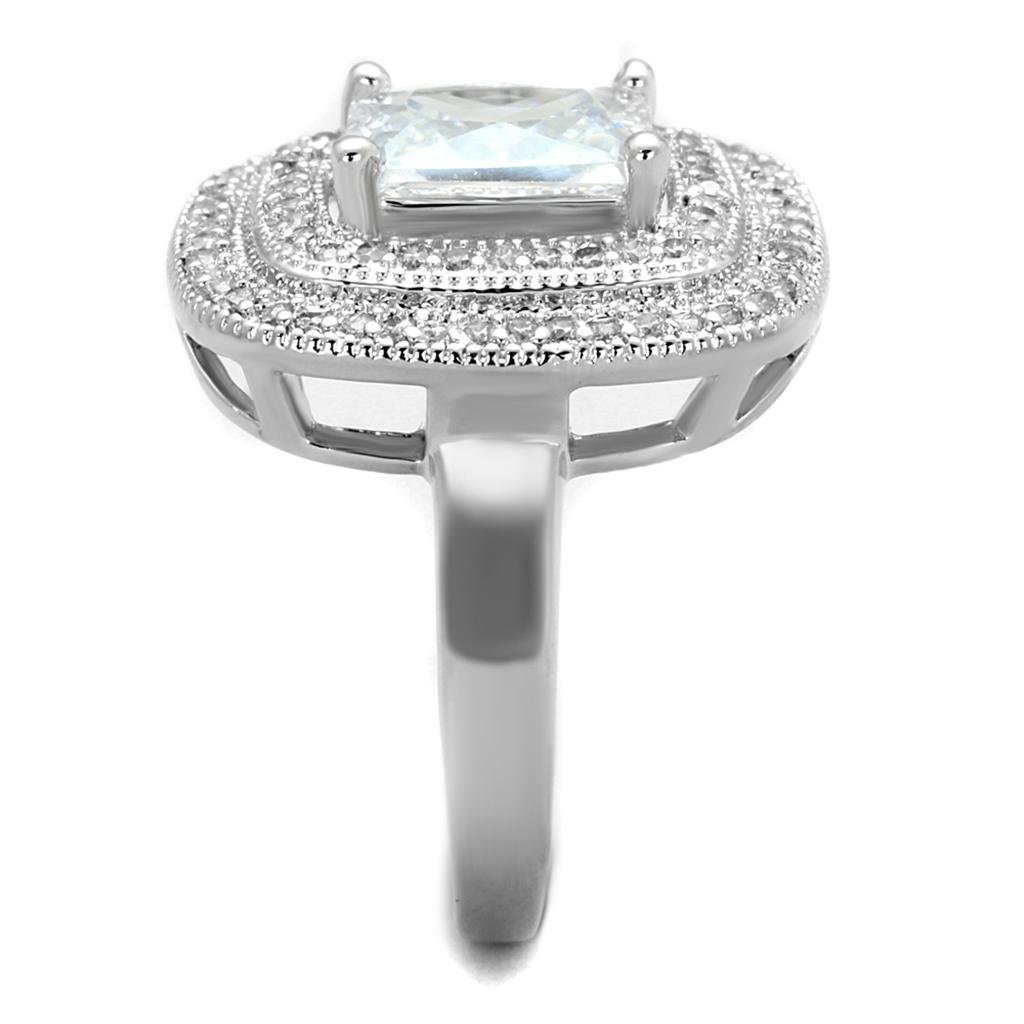 3W839 Rhodium Brass Ring featuring a clear AAA Grade CZ stone, showcasing its elegant design and luxurious finish.