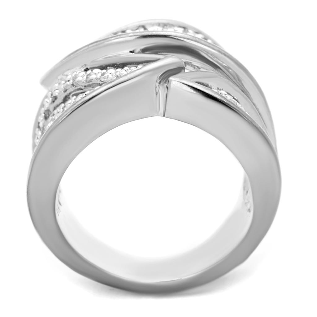 3W854 Rhodium Brass Ring featuring a clear AAA Grade CZ stone, showcasing its elegant design and shiny finish.