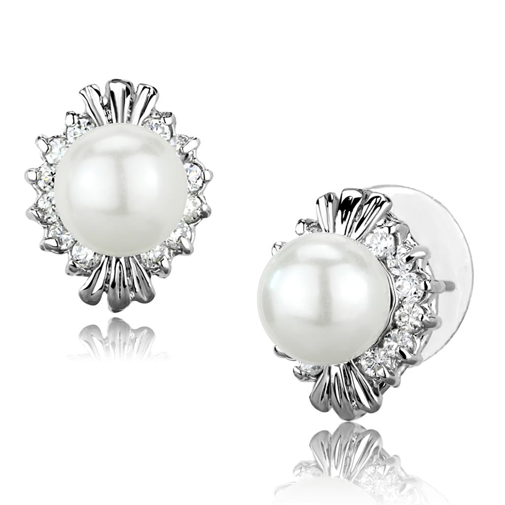 Elegant 3W886 Rhodium Brass Earrings featuring a white synthetic pearl, showcasing a stylish design perfect for any occasion.