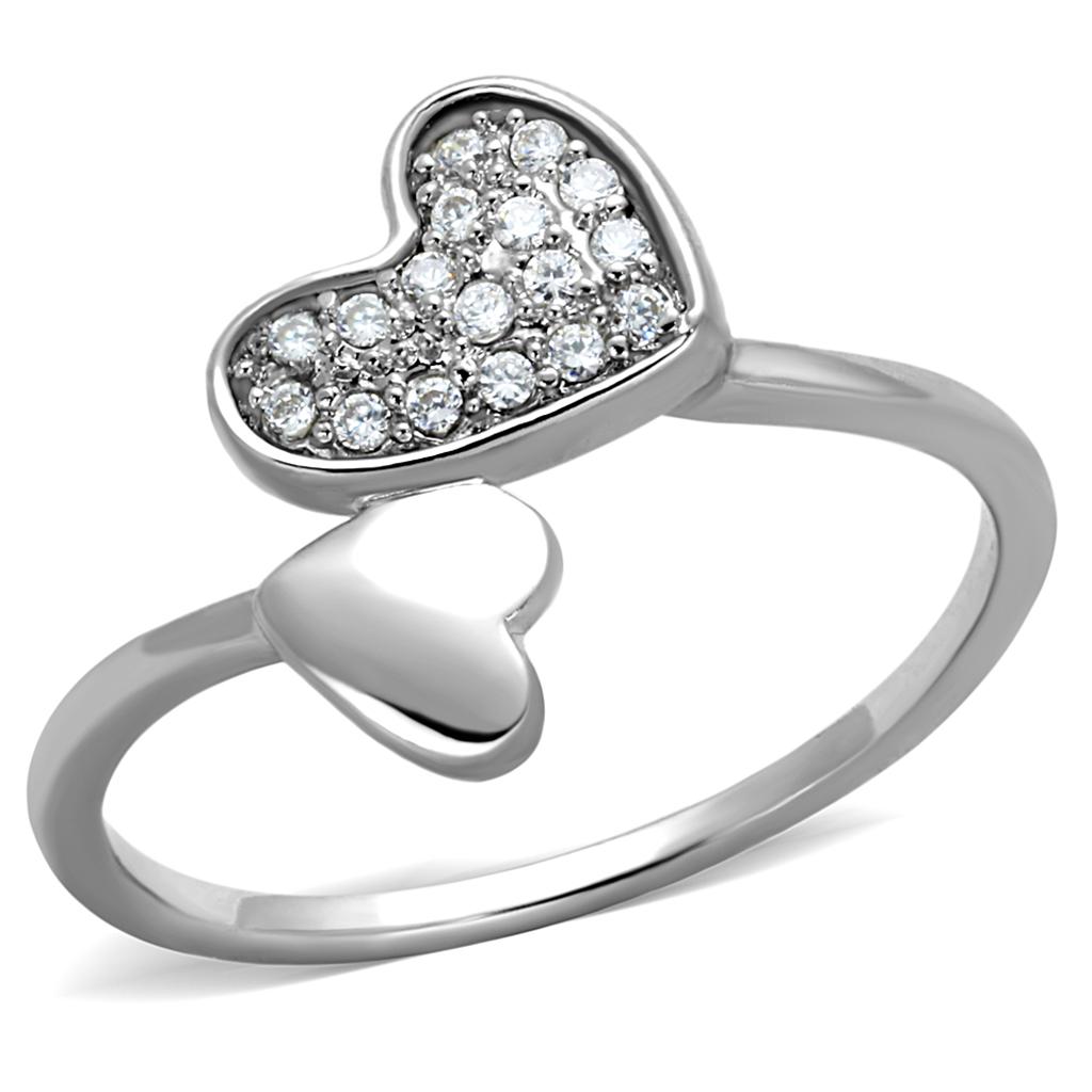 3W867 Rhodium Brass Ring featuring a clear AAA Grade CZ stone, showcasing its elegant design and shiny finish.