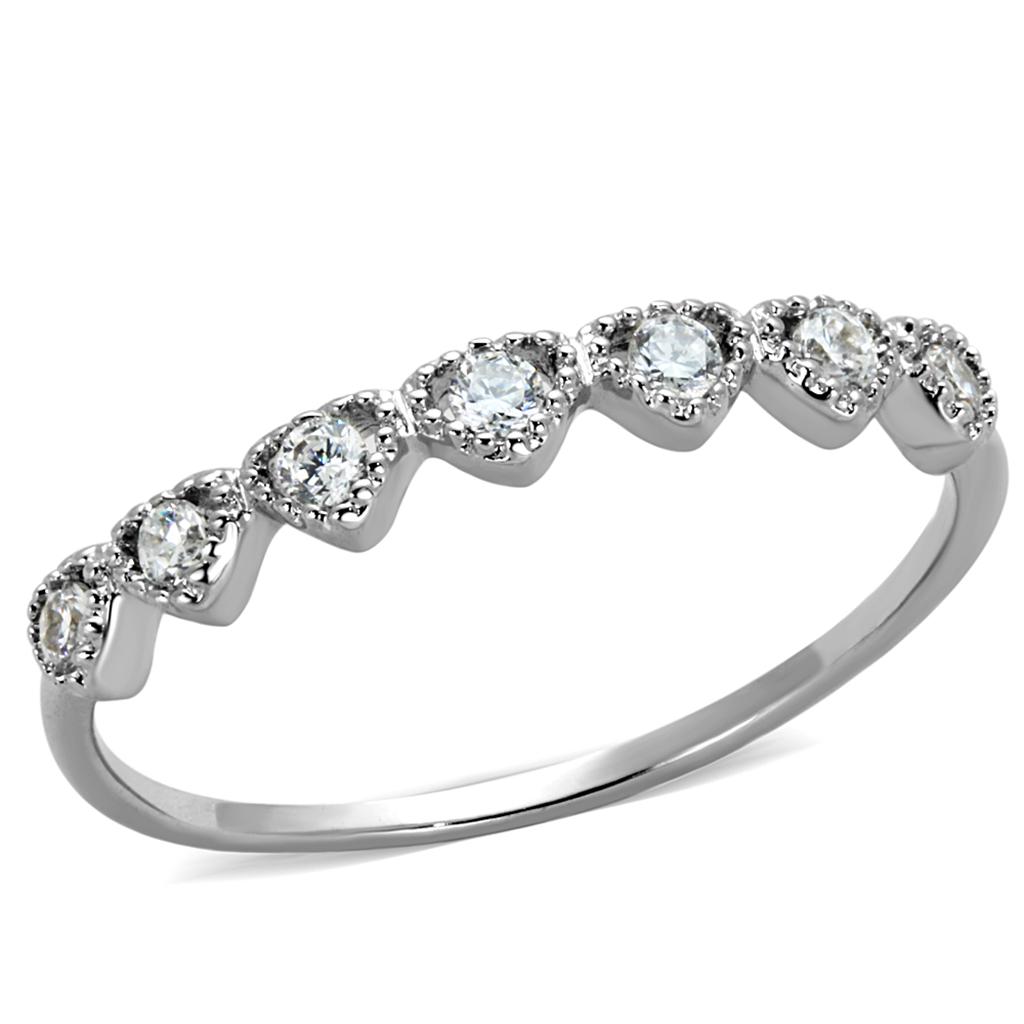 3W868 Rhodium Brass Ring featuring a clear AAA Grade CZ stone, showcasing its elegant design and luxurious finish.