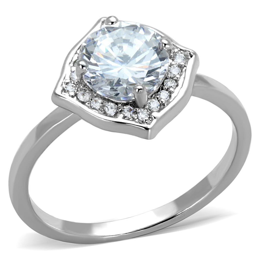 3W877 Rhodium Brass Ring featuring a clear AAA Grade CZ stone, showcasing its elegant design and shiny finish.