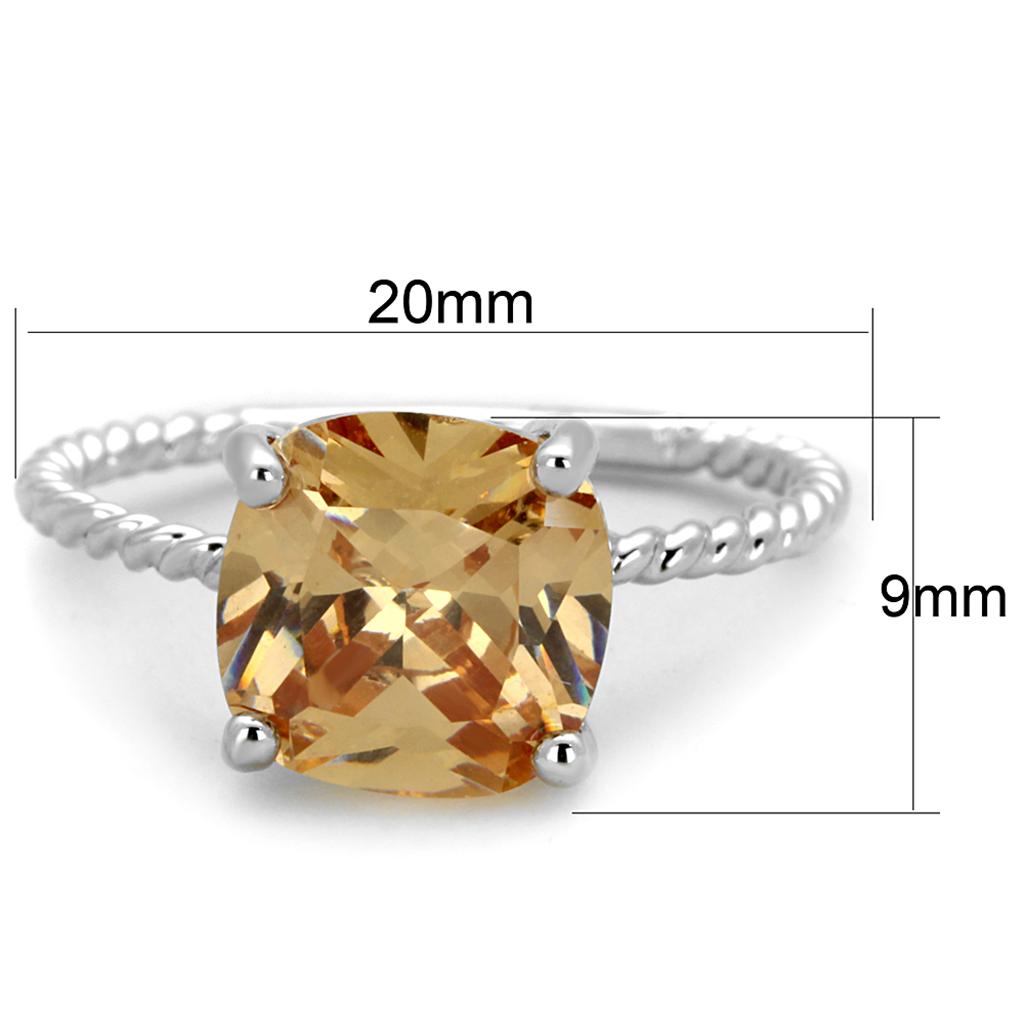 3W872 Rhodium Brass Ring featuring AAA Grade CZ in Champagne color, showcasing its elegant design and luxurious finish.
