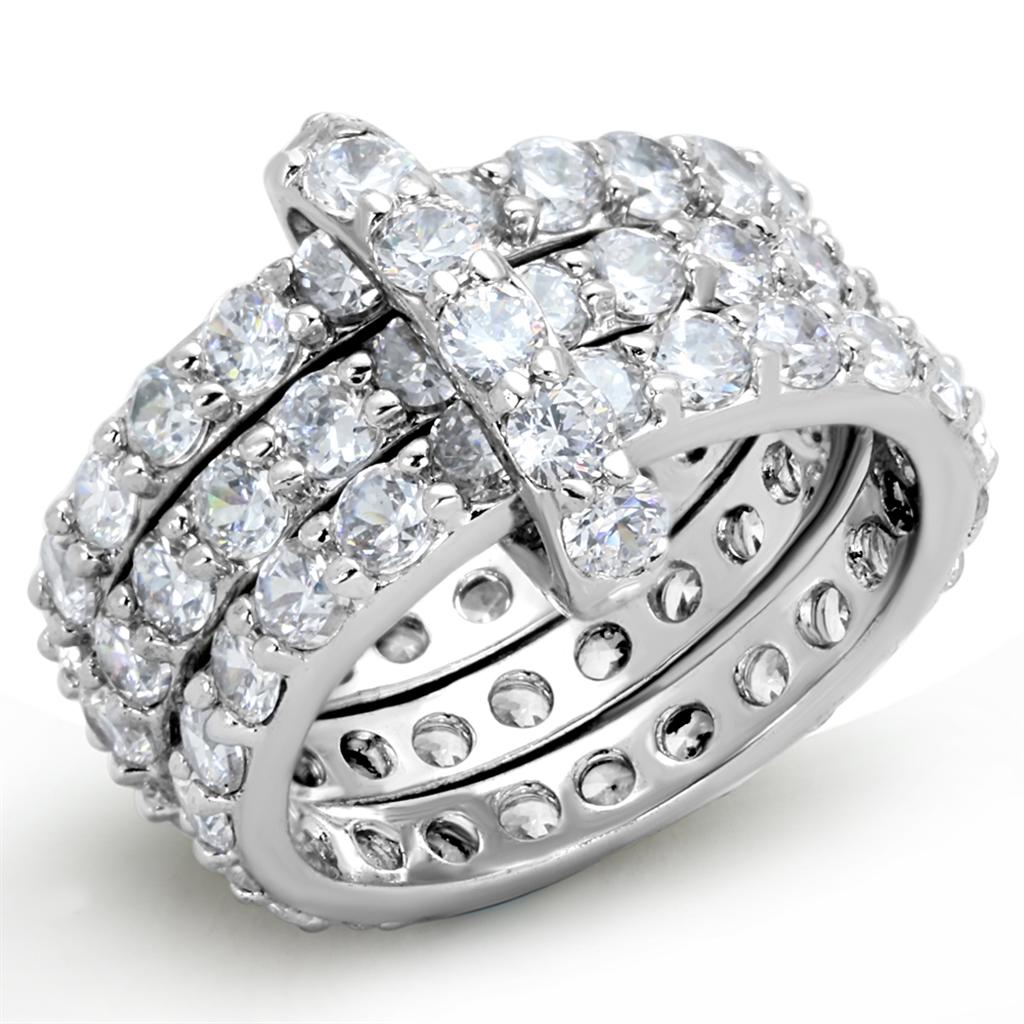 3W875 Rhodium Brass Ring featuring a clear AAA Grade CZ stone, showcasing its elegant design and luxurious finish.