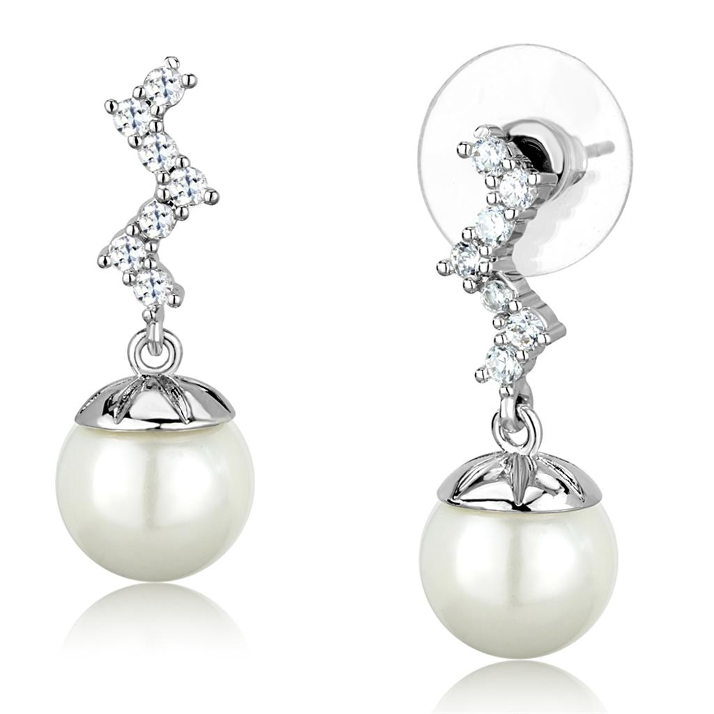 Elegant 3W894 Rhodium Brass Earrings featuring a synthetic white pearl centerpiece, showcasing a luxurious design.