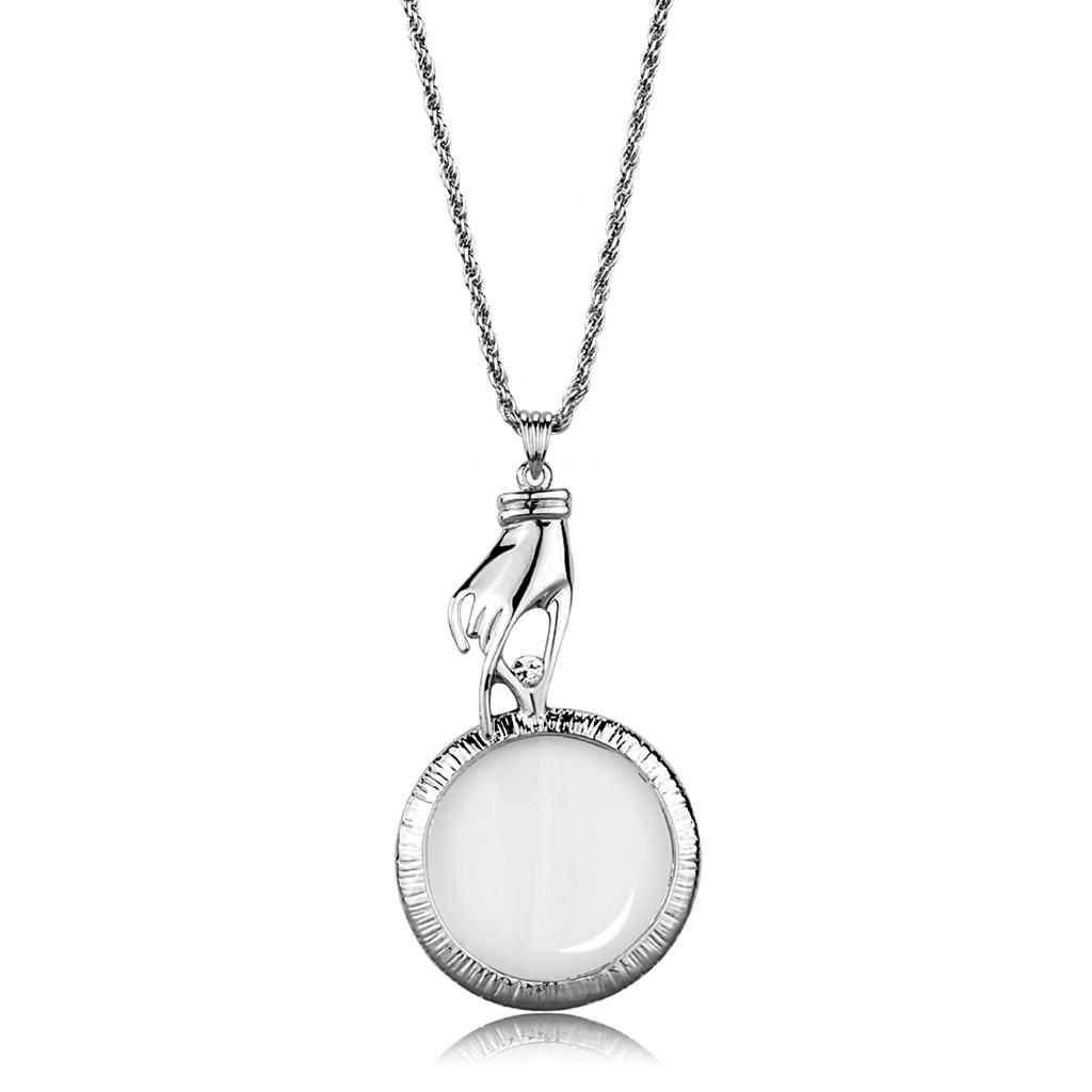 3W914 Rhodium Brass Magnifier pendant featuring a clear top-grade crystal centerpiece, elegantly designed for style and functionality.