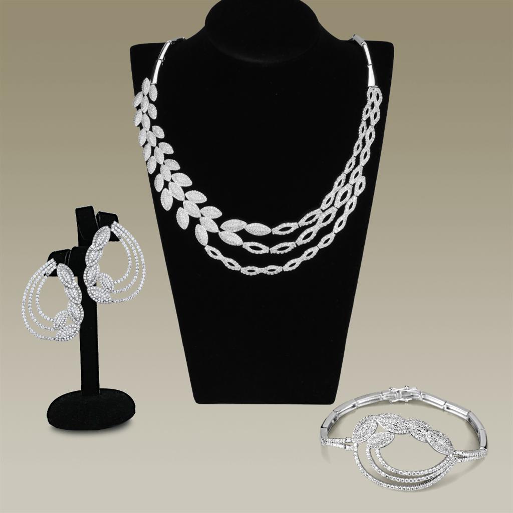3W922 Rhodium Brass Jewelry Set featuring AAA Grade CZ stones, showcasing elegant design and brilliant sparkle.
