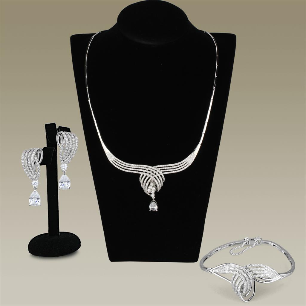 3W924 Rhodium Brass Jewelry Set featuring clear AAA Grade CZ stones, elegantly designed for special occasions.