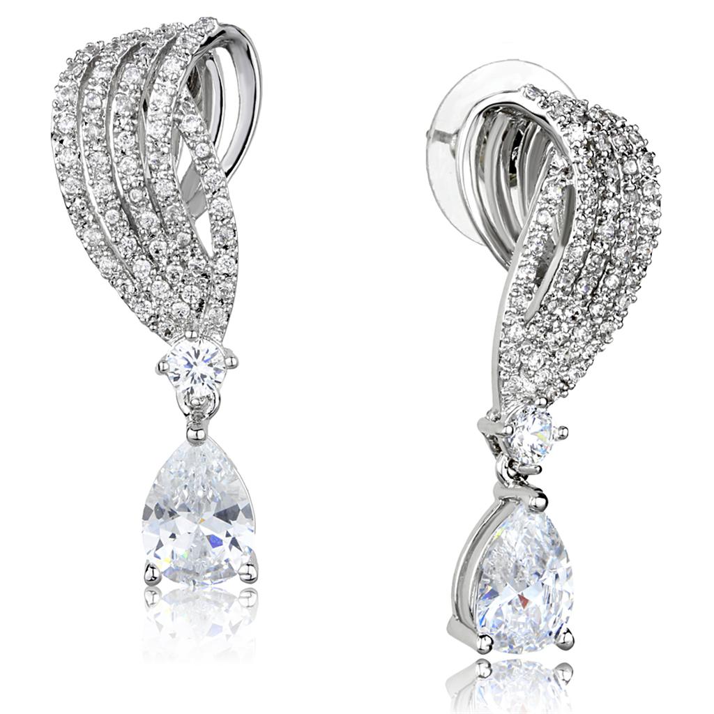 3W924 Rhodium Brass Jewelry Set featuring clear AAA Grade CZ stones, elegantly designed for special occasions.