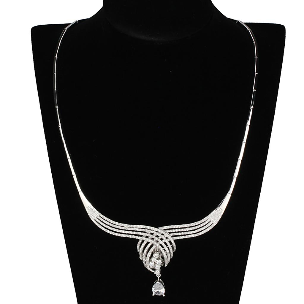 3W924 Rhodium Brass Jewelry Set featuring clear AAA Grade CZ stones, elegantly designed for special occasions.