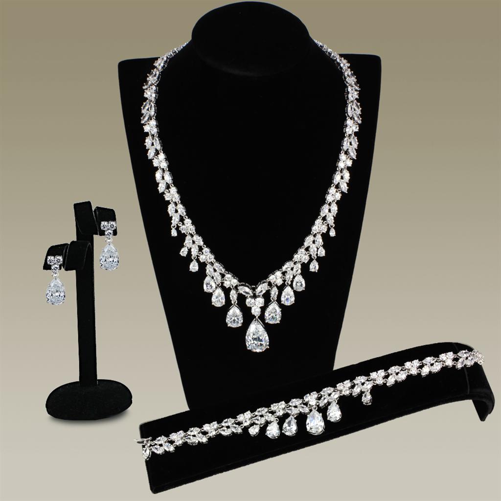3W925 Rhodium Brass Jewelry Set featuring AAA Grade Clear CZ stones, elegantly designed for special occasions.