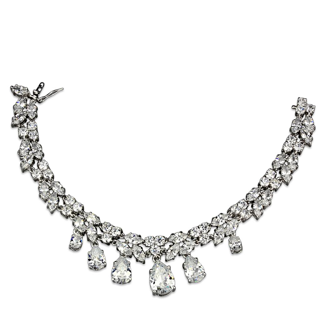 3W925 Rhodium Brass Jewelry Set featuring AAA Grade Clear CZ stones, elegantly designed for special occasions.