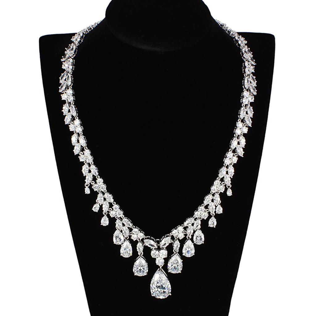 3W925 Rhodium Brass Jewelry Set featuring AAA Grade Clear CZ stones, elegantly designed for special occasions.