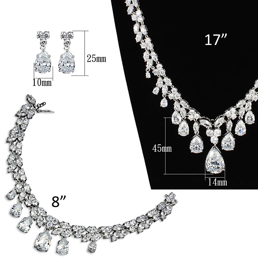 3W925 Rhodium Brass Jewelry Set featuring AAA Grade Clear CZ stones, elegantly designed for special occasions.
