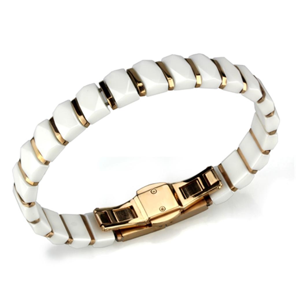 3W993 IP Rose Gold Stainless Steel Bracelet featuring a white ceramic centerpiece, showcasing elegance and durability.