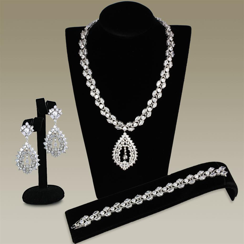Elegant 3W933 Rhodium Brass Jewelry Set featuring AAA Grade CZ in Clear, showcasing its luxurious design and sparkling center stone.