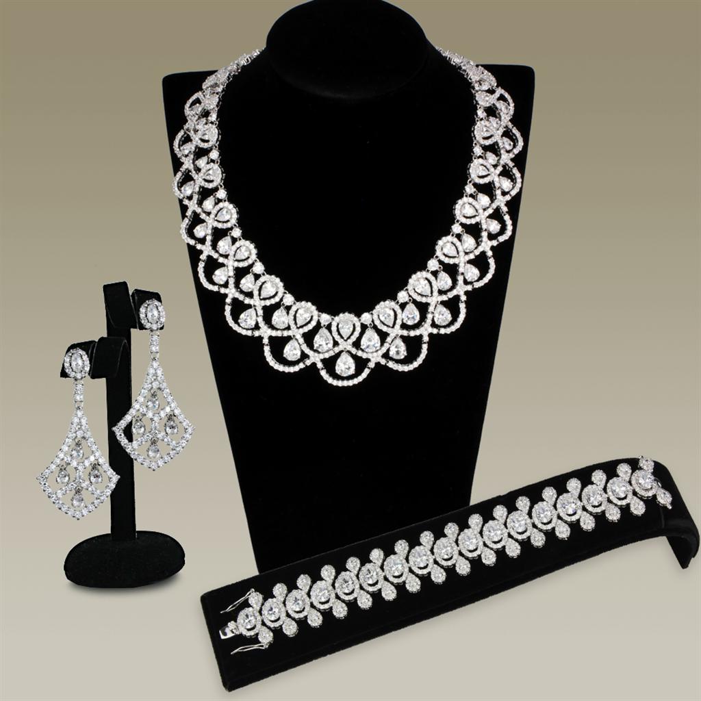 3W931 Rhodium Brass Jewelry Set featuring clear AAA Grade CZ stones, elegantly designed for special occasions.