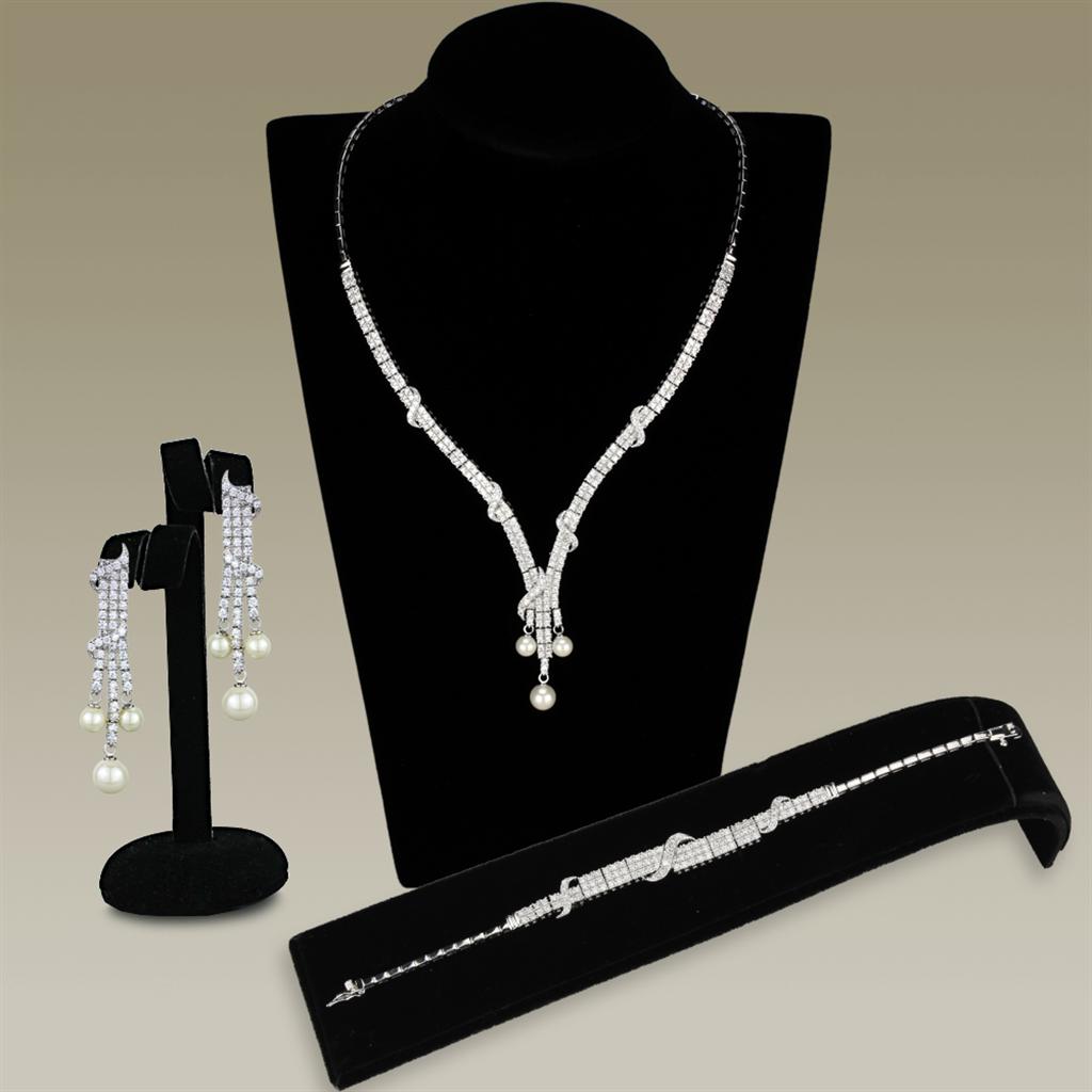 3W939 Rhodium Brass Jewelry Set featuring AAA Grade CZ stones, showcasing elegance and brilliance.