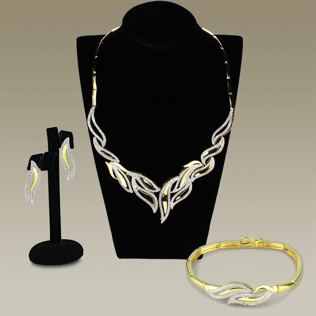 3W941 Gold and Rhodium Brass Jewelry Set featuring AAA Grade Clear CZ stones, elegantly designed for versatile wear.