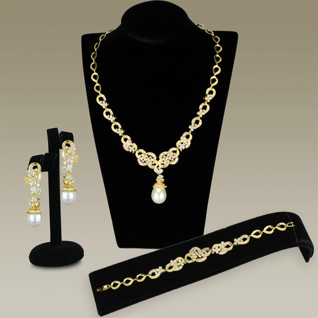 3W945 Gold Brass Jewelry Set featuring AAA Grade CZ stones in clear, elegantly designed for a luxurious look.