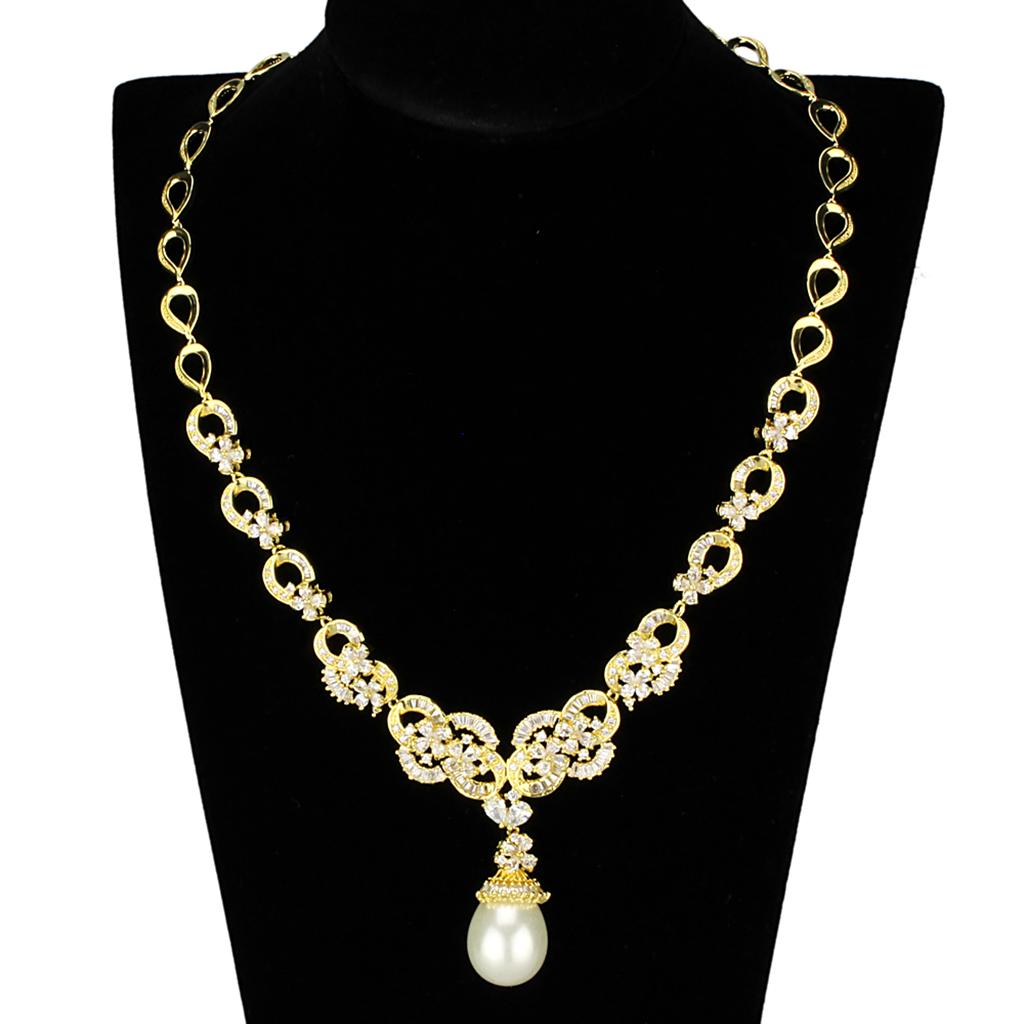 3W945 Gold Brass Jewelry Set featuring AAA Grade CZ stones in clear, elegantly designed for a luxurious look.