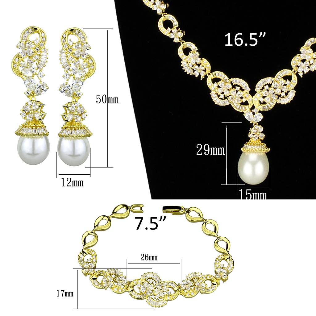 3W945 Gold Brass Jewelry Set featuring AAA Grade CZ stones in clear, elegantly designed for a luxurious look.
