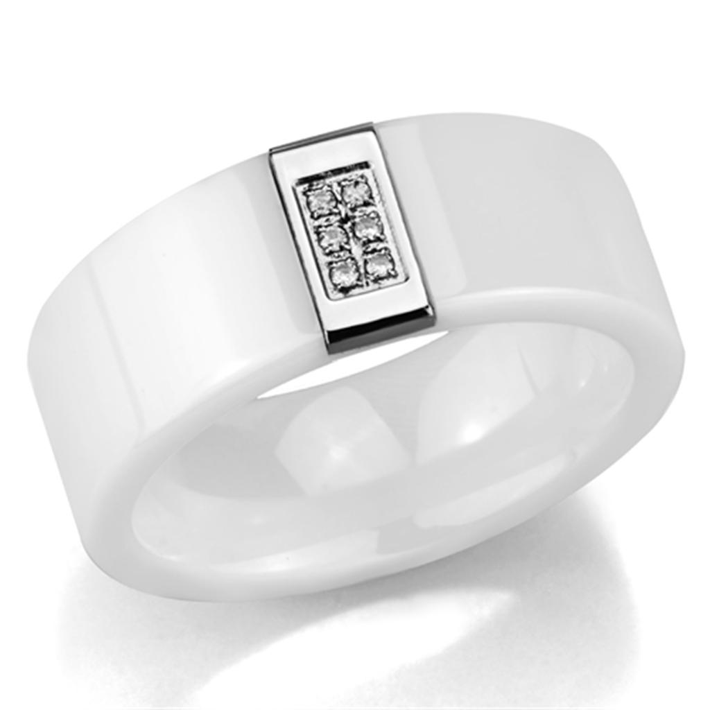 3W952 High Polished Stainless Steel Ring featuring a white ceramic center stone, showcasing its elegant design and shiny finish.