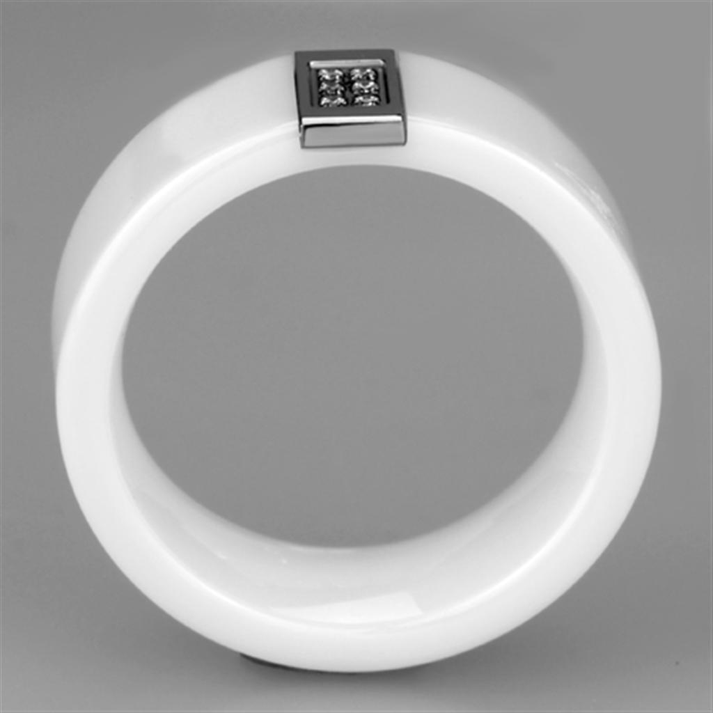 3W952 High Polished Stainless Steel Ring featuring a white ceramic center stone, showcasing its elegant design and shiny finish.