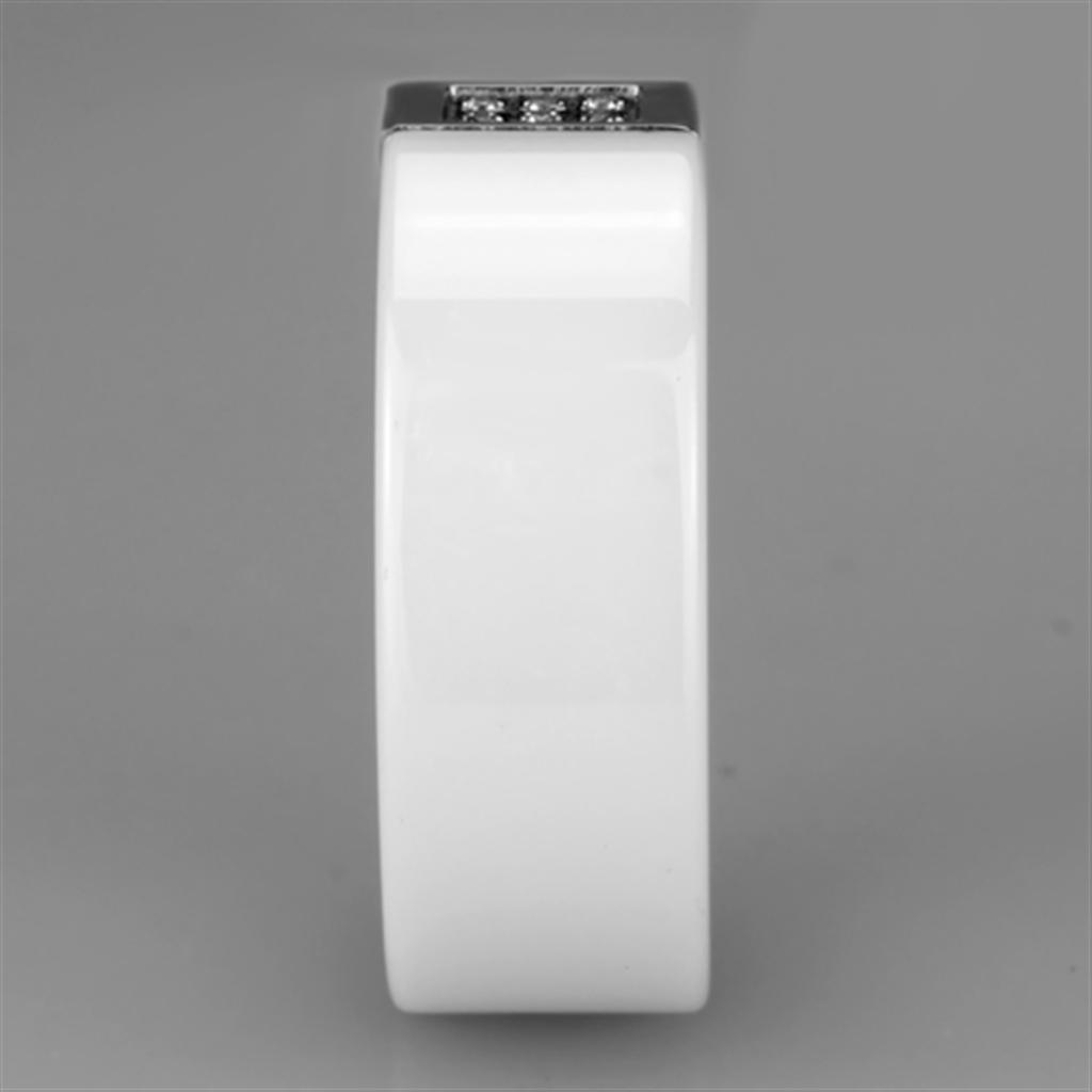 3W952 High Polished Stainless Steel Ring featuring a white ceramic center stone, showcasing its elegant design and shiny finish.