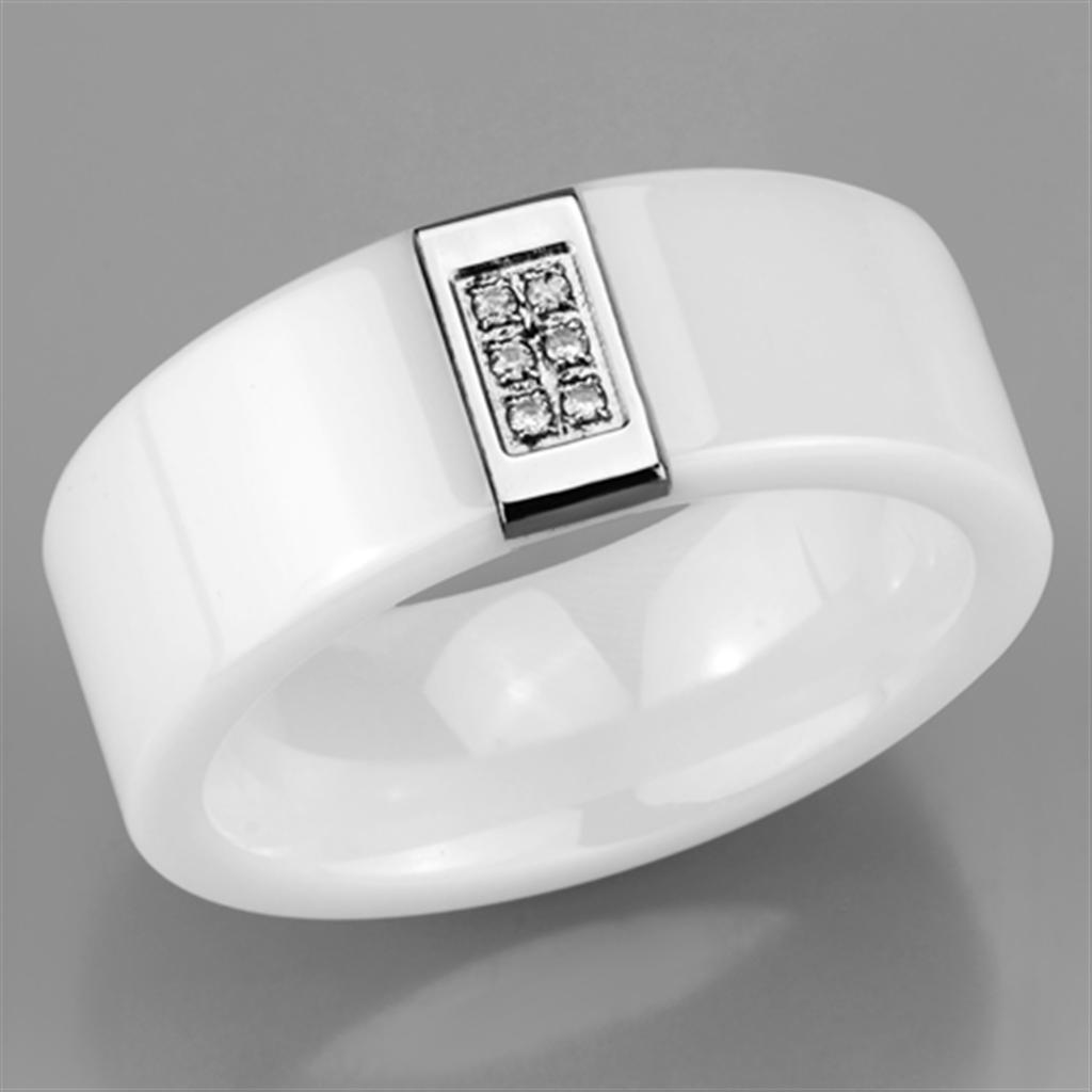 3W952 High Polished Stainless Steel Ring featuring a white ceramic center stone, showcasing its elegant design and shiny finish.