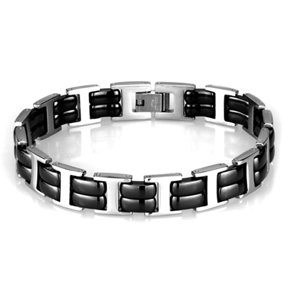 High polished stainless steel bracelet featuring a jet ceramic center stone, showcasing elegance and durability.
