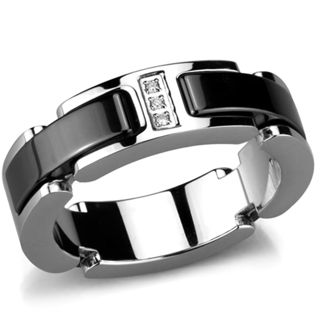 3W966 High Polished Stainless Steel Ring featuring a jet ceramic center stone, showcasing its elegant design and polished finish.