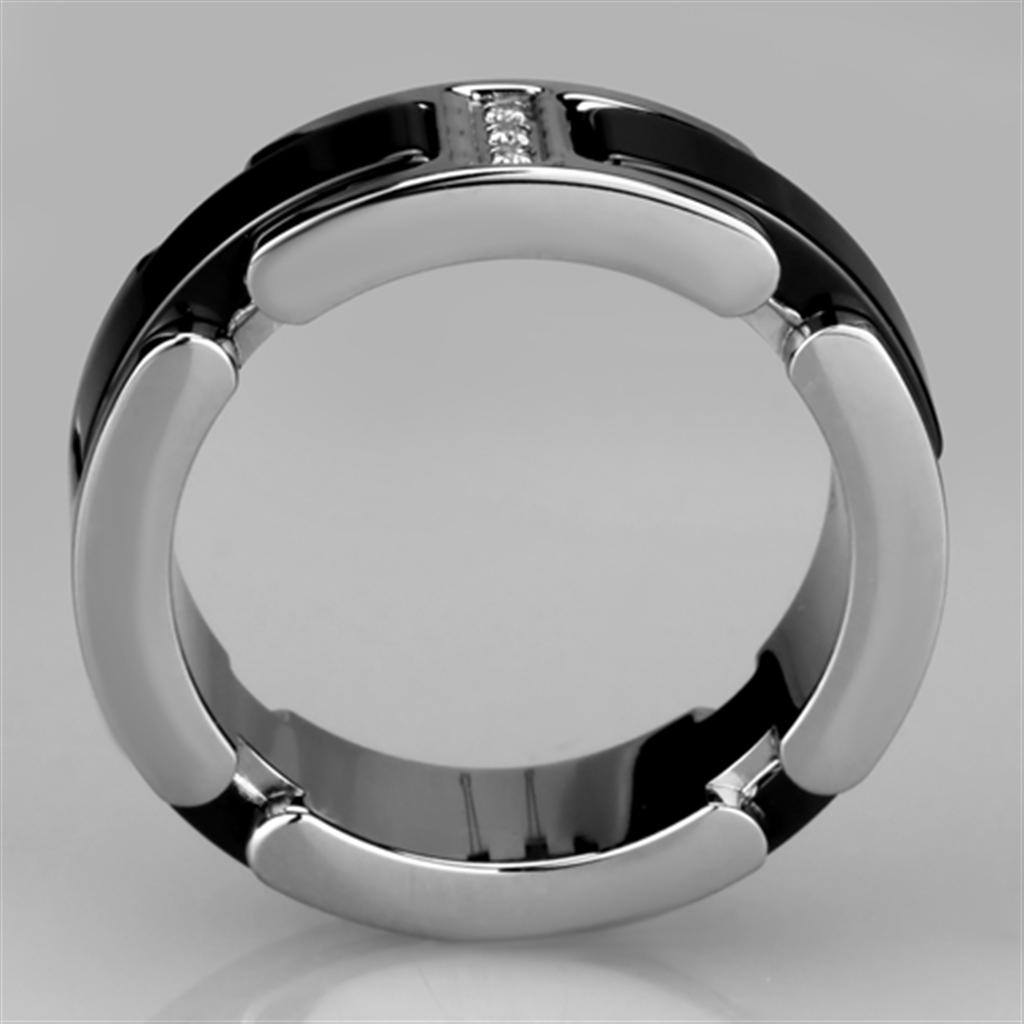 3W966 High Polished Stainless Steel Ring featuring a jet ceramic center stone, showcasing its elegant design and polished finish.