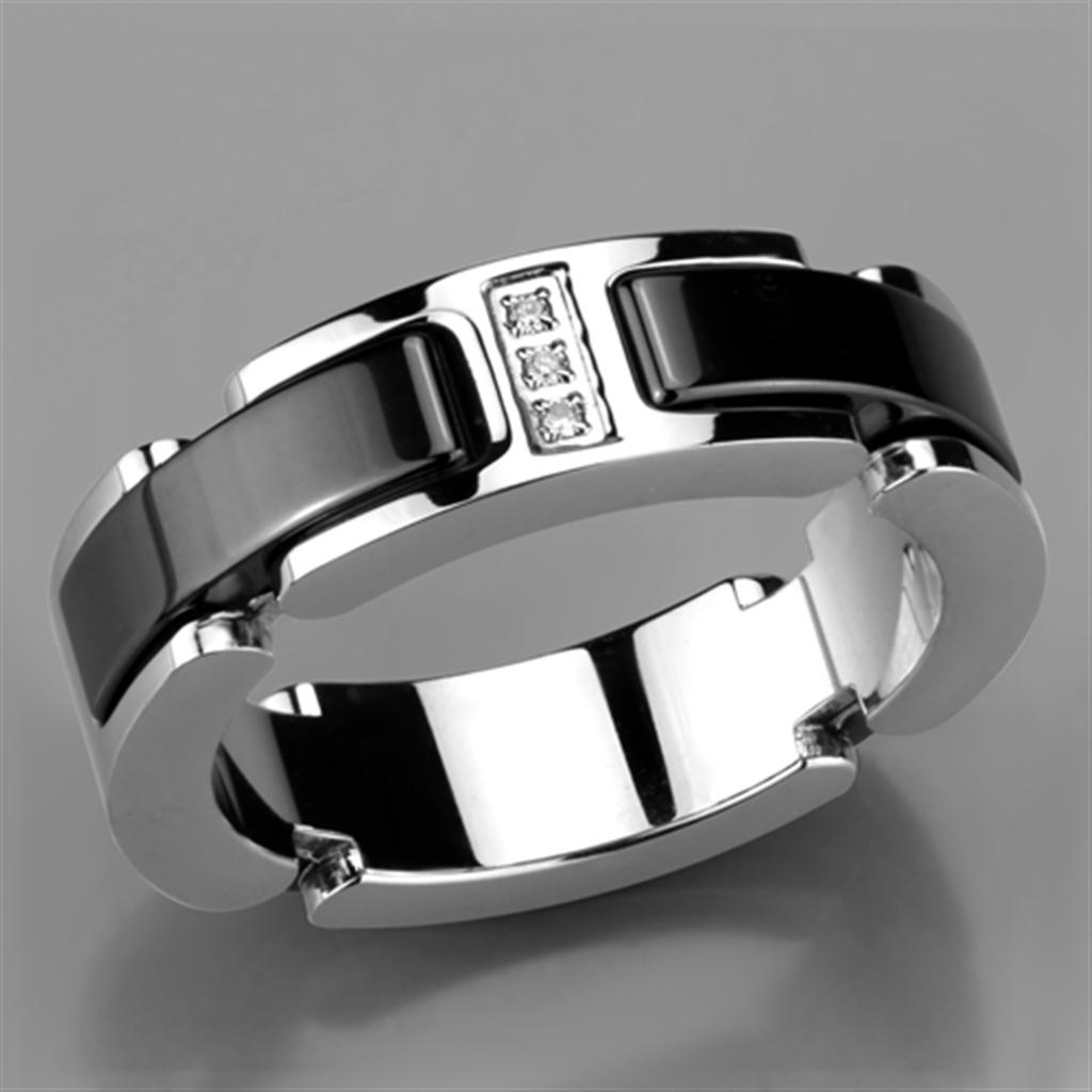3W966 High Polished Stainless Steel Ring featuring a jet ceramic center stone, showcasing its elegant design and polished finish.