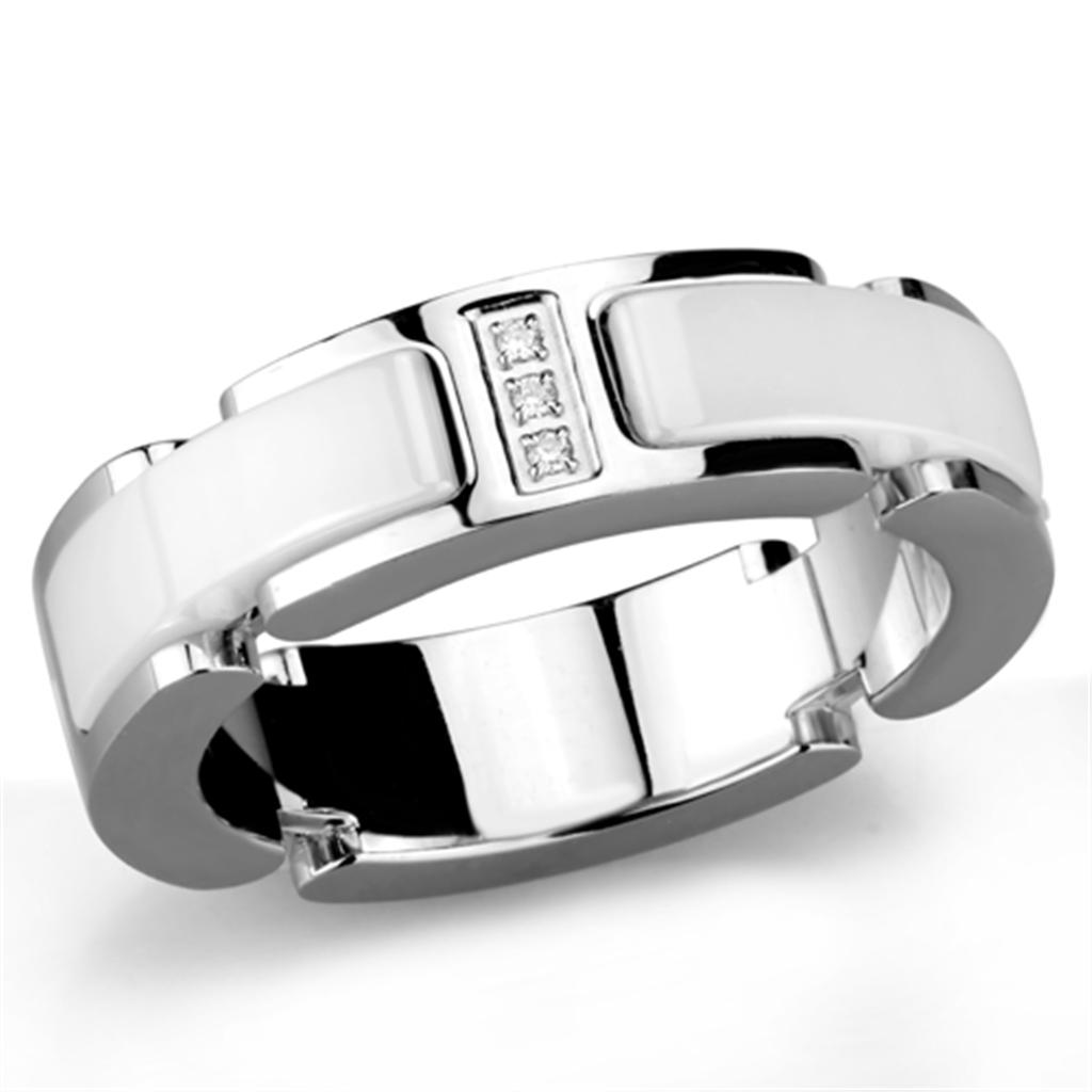 3W967 High Polished Stainless Steel Ring featuring a white ceramic center stone, showcasing a sleek and elegant design.