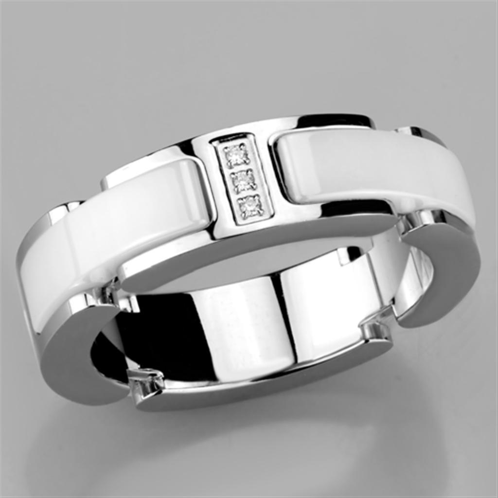 3W967 High Polished Stainless Steel Ring featuring a white ceramic center stone, showcasing a sleek and elegant design.
