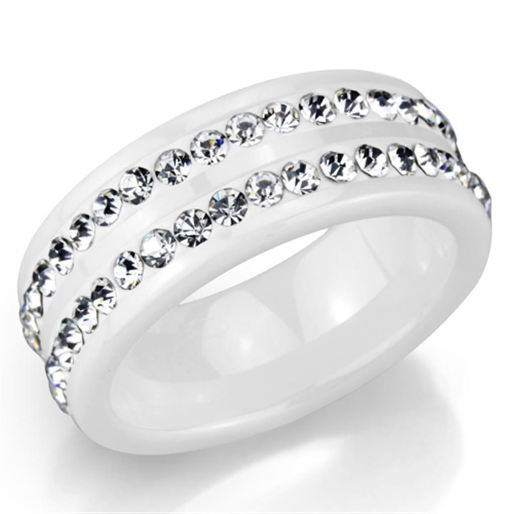 3W970 High Polished Stainless Steel Ring featuring a white ceramic center stone, showcasing a sleek and modern design.