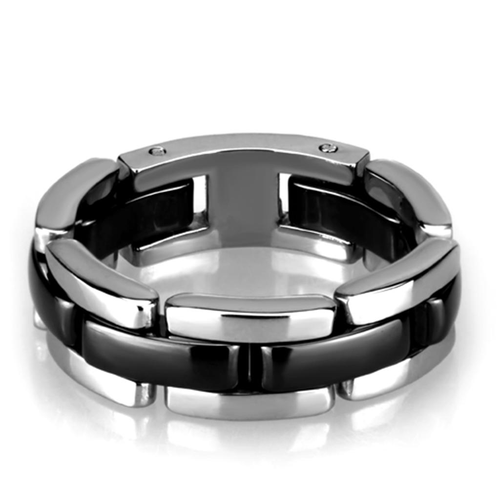 3W972 High Polished Stainless Steel Ring featuring a Jet Black Ceramic Center Stone, showcasing a sleek and modern design.