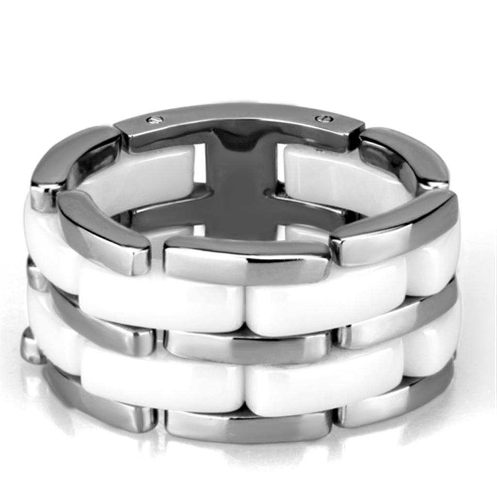 3W975 High Polished Stainless Steel Ring featuring a white ceramic center stone, showcasing a sleek and modern design.