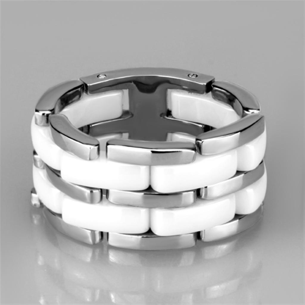 3W975 High Polished Stainless Steel Ring featuring a white ceramic center stone, showcasing a sleek and modern design.