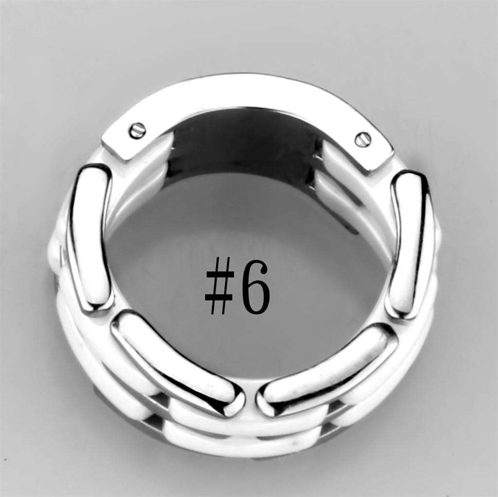 3W975 High Polished Stainless Steel Ring featuring a white ceramic center stone, showcasing a sleek and modern design.
