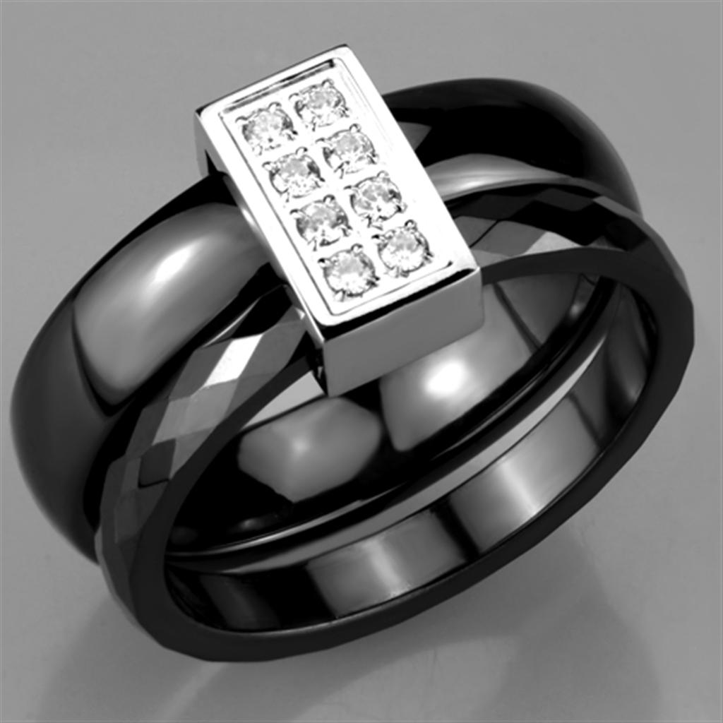 3W978 High Polished Stainless Steel Ring featuring a Jet Black Ceramic Center Stone, showcasing a sleek and modern design.